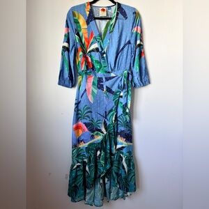 FARM RIO ANTHROPOLOGY Tropical Blue Wrap MaxiDress